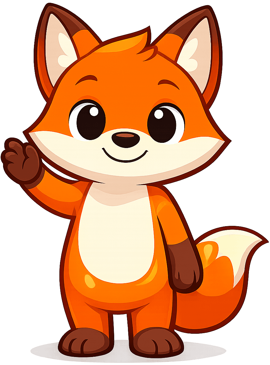 Mascote DYScovery — uma raposa a acenar